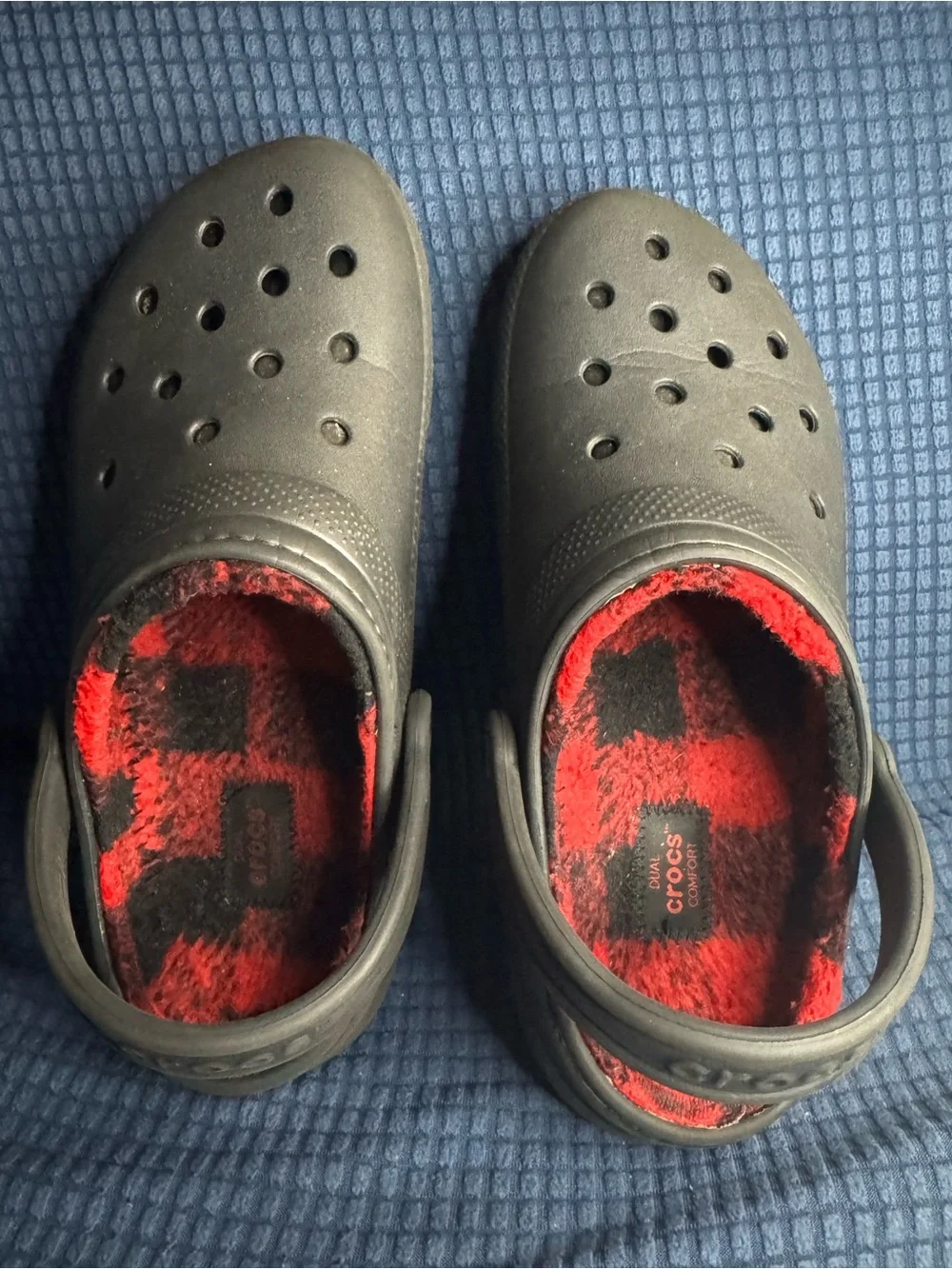 CROCS Black Classic Clog with Red/Black Buffalo Plaid Plush Lining